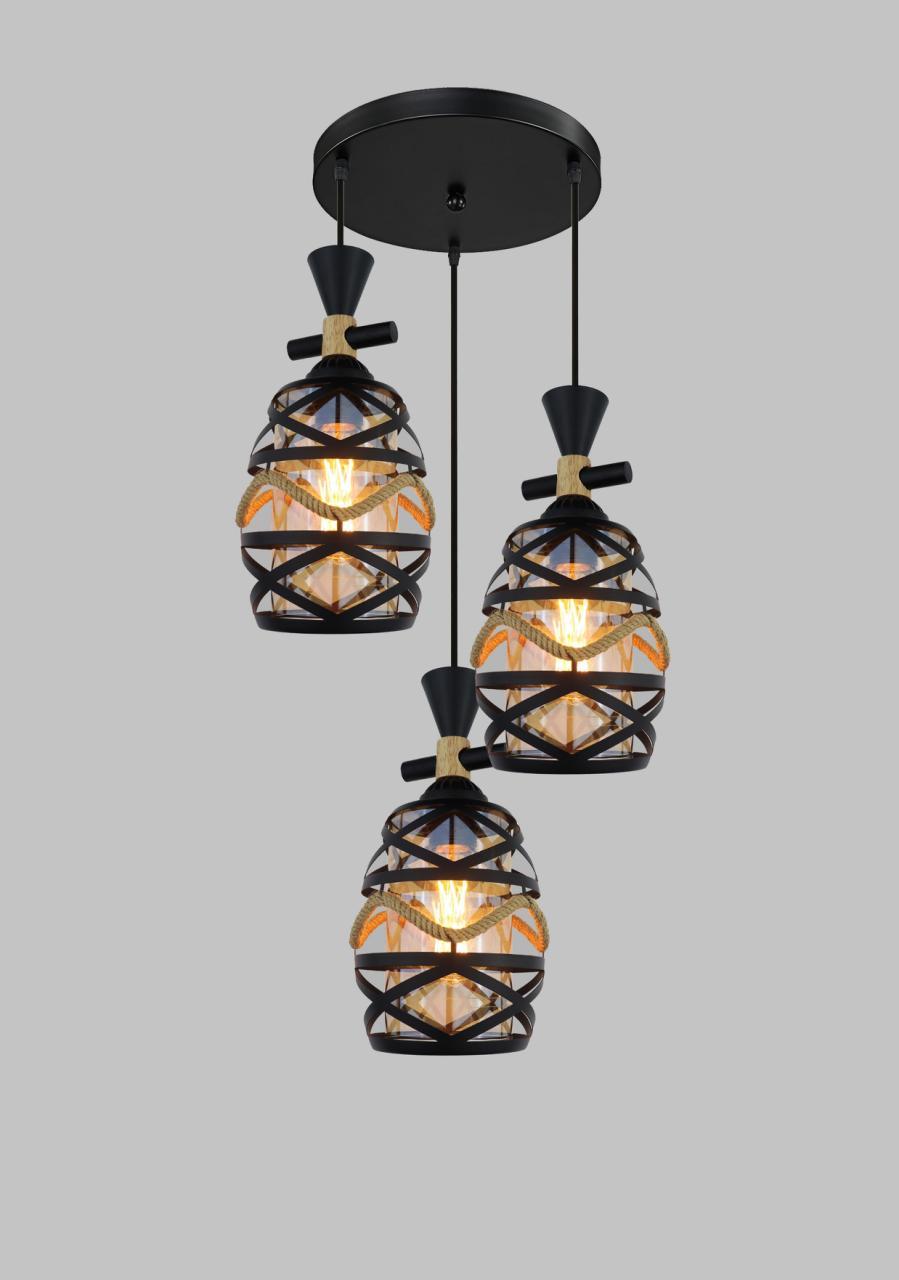 Modern Black Droplight Chandelier – Triple Pendant Rope & Glass Hanging Light for Living & Dining Spaces.