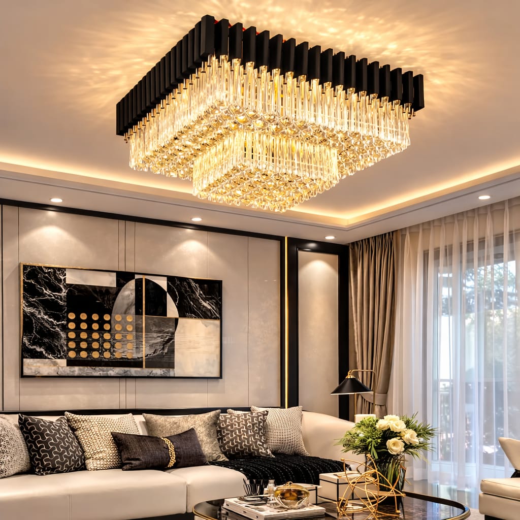 Gold and Black Crystal Chandelier - Modern Luxury Ceiling Light for Living Room, Dining Room, and Bedroom.