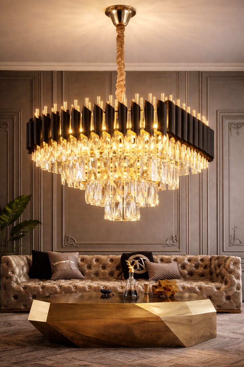 Luxury Black and Gold Crystal Chandelier– Large Modern Lighting for Dining Room or Living Room