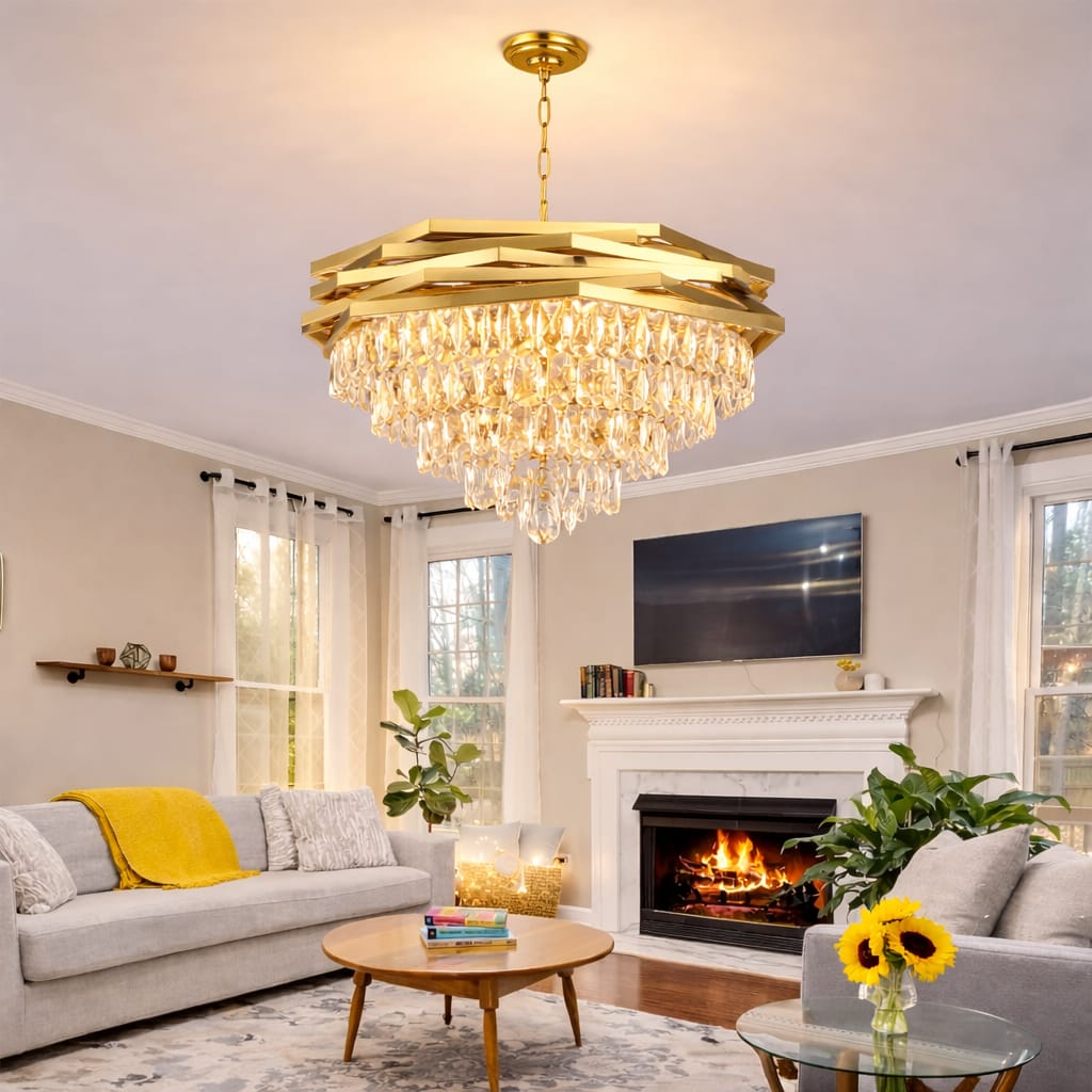 Luxury Modern Crystal Chandelier– Gold Layered Frame with Sparkling Crystals for Elegant Interiors.