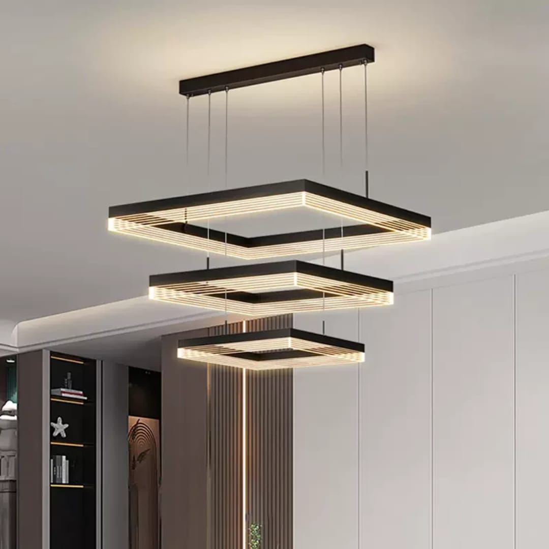 Elegant 3-Drop Rectangular LED Chandelier – Modern Living Room Lighting.