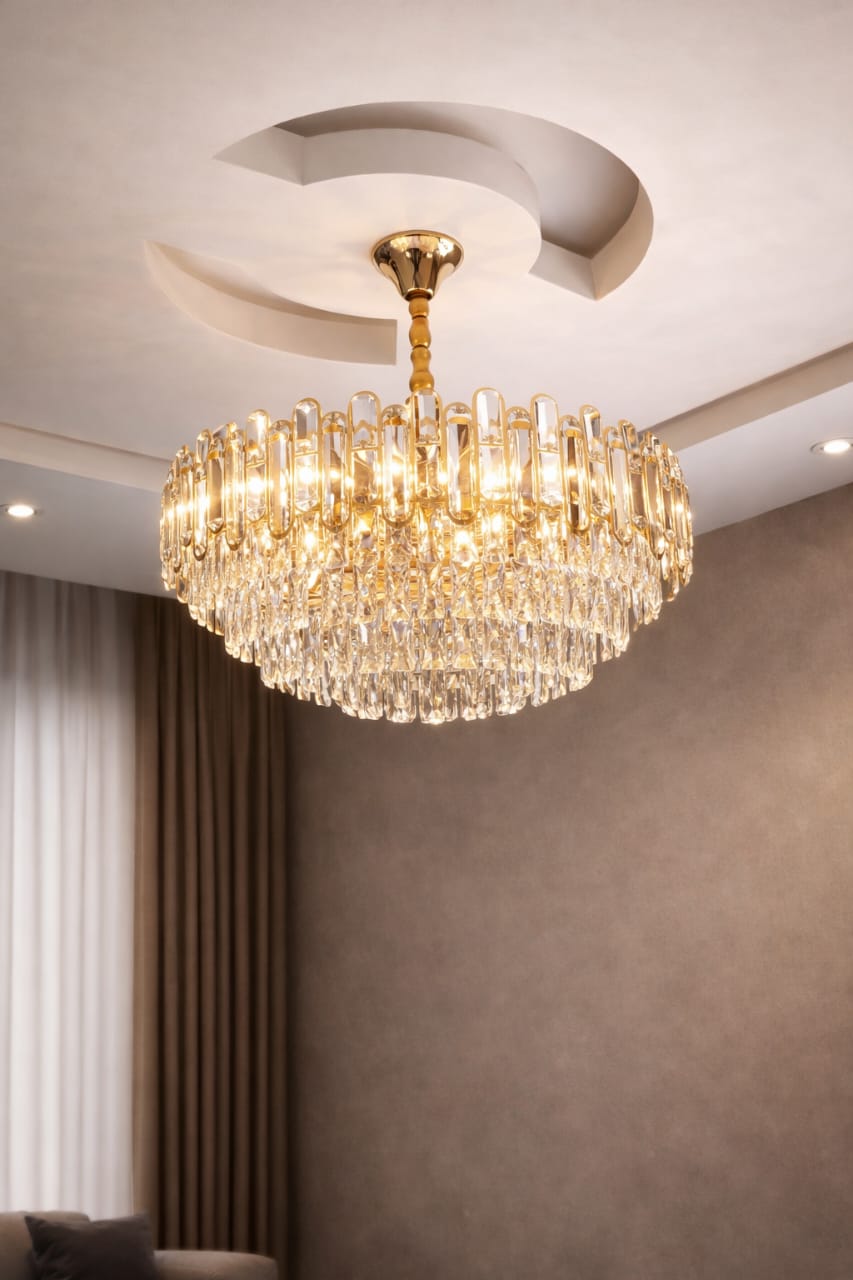 Transparent Crystal Chandelier with Gold Light Reflection | Modern Luxury Ceiling Light for Dining & Living Room.