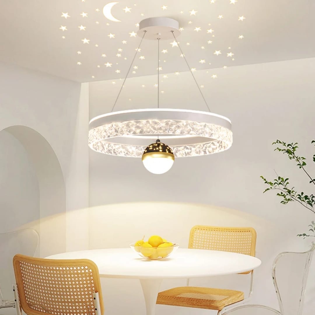 Crystal Silver Ring Chandelier with Moon and Star Projector.