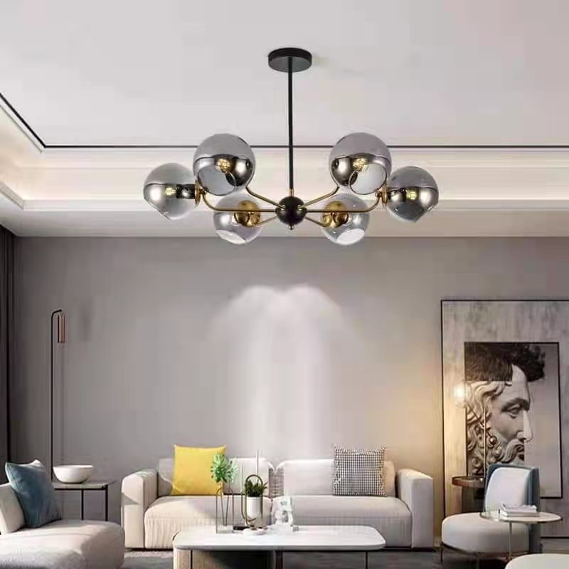 6-Light Smoked Glass Globe Chandelier – Nordic Black Gold Ceiling Fixture.