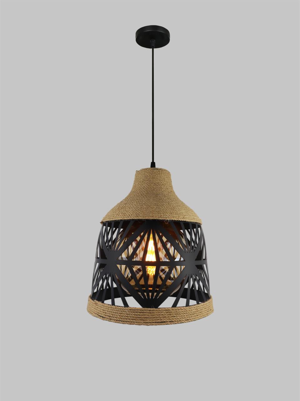 Artistic Cut-Out Metal Drop Light – Rustic Rope Accent Pendant Lamp for Interior Lighting.