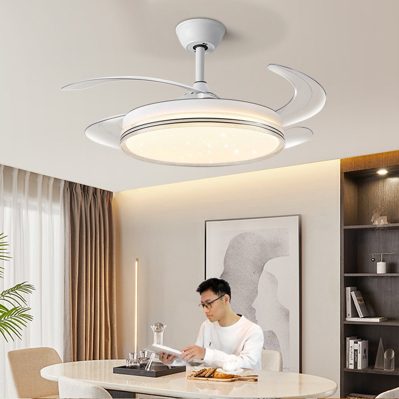 Luxury White Retractable Ceiling Fan with Bluetooth Speaker and Tricolor LED.