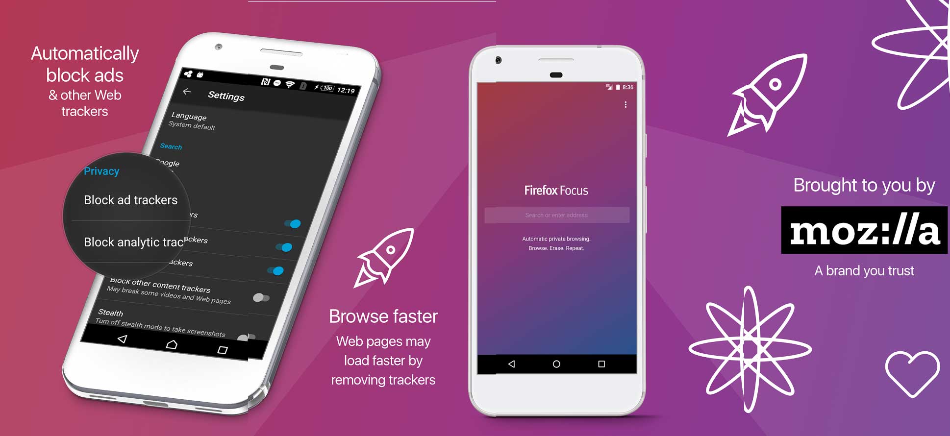 Firefox has one of the most popular open source projects. Despite competition from other browsers with significant backing and funding, Firefox is still strong with its goal for the open web. Firefox recently went multi-process with "Electrolysis" project giving a huge boost in speed and stability on a desktop browser. On Android, it is one of the best browsers with extension support and just released Firefox Focus is a privacy focused browser. Firefox Focus is a new initiative from Mozilla to speed up browsing on mobile devices by blocking ads, trackers which reduce data. Firefox Focus was released on iOS prior to the Android operating system. Firefox on Android is more featured as browsers on iOS are only wrappers for Safari web engine. On Android, you can use extensions like you would in a desktop browser. You can download the data saving version of Firefox as Firefox Focus: Private Browser. As the name reflects, the top priority is to prevent privacy leaks from your browsing history. The browser helps prevent ad trackers create your advertising profile, prevent identity theft and easily clean your browser history and cookies. “Private browsing” on most browsers is not comprehensive or easy to use. Focus is next-level privacy that’s free, always on and always on your side — because it’s backed by Mozilla, the non-profit that fights for your rights on the Web. The application’s size is just 8 Mb but requires a device with the Android version above 5.0. Firefox Focus Browser features include: Reduced Application size Ad-block enabled by default Ad Tracking requests blocked which can be disabled Counter listing for ads block. Notification reminder