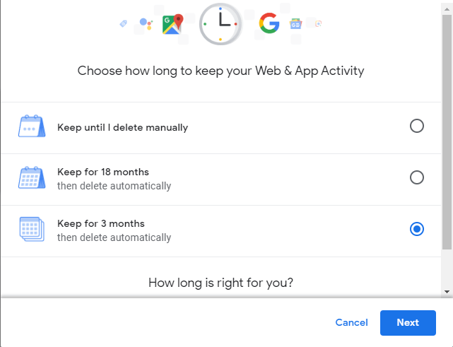 Google data retention period selection