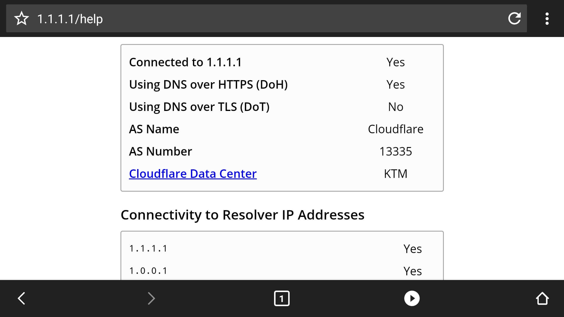 Screenshot of DoH verification on Android with Cloudflare help website