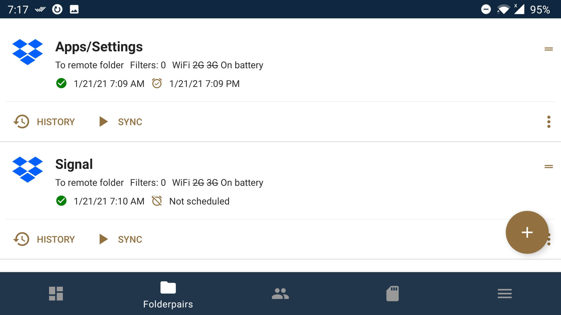 Screenshot of Foldersync showing the signal folder sync with the remote folder completed successful