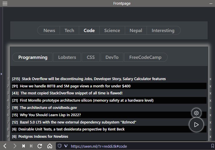Swen interface in dark mode