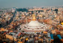 Top Places and things to do in Kathmandu Valley Aerial view of Boudha Stupa in Kathmandu a Drone
