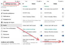 How to open Facebook external links in Chrome A collection of mobile screenshots of facebook setting screens showing where the option to change the option to open external links in another browser