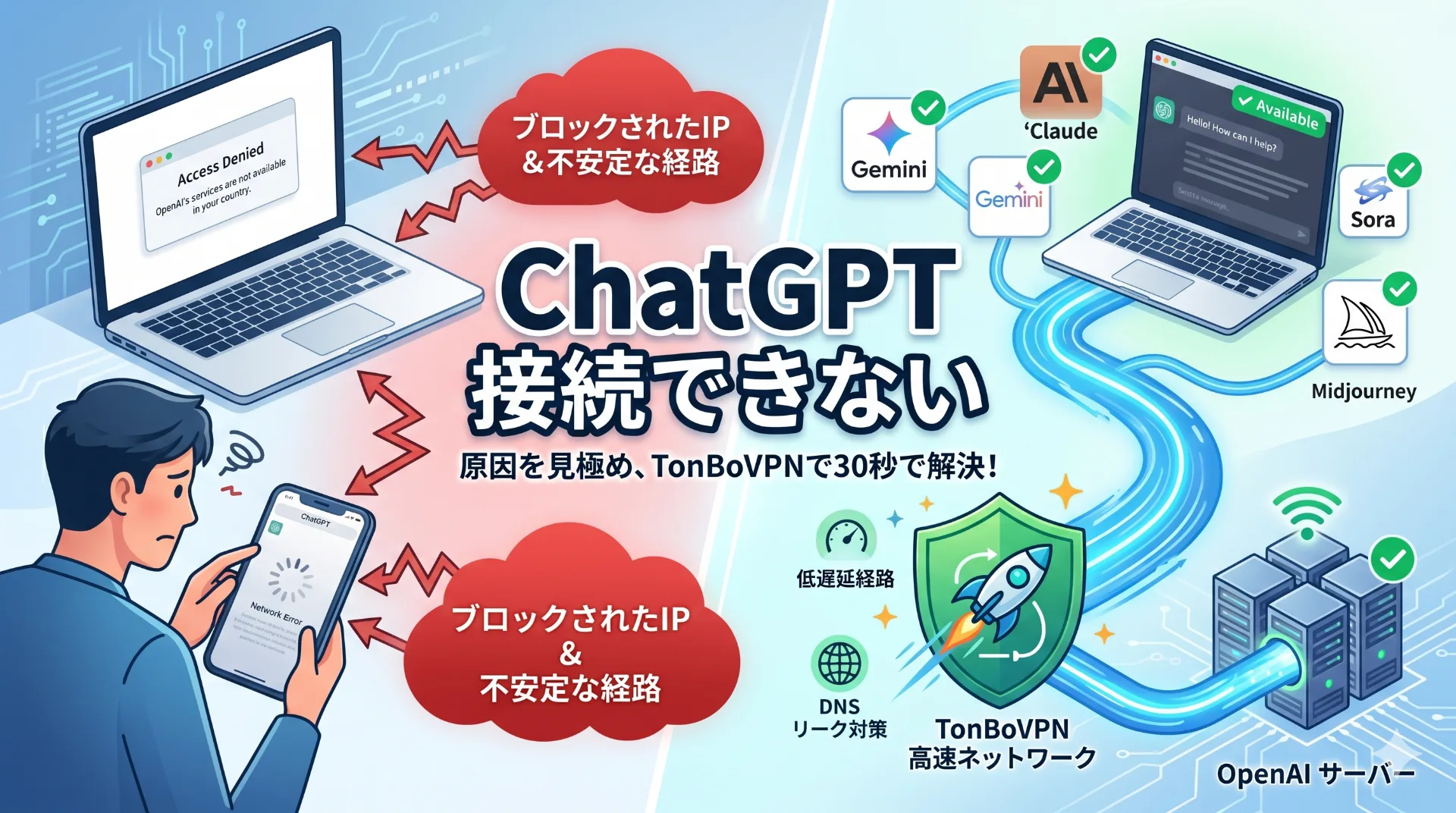 ChatGPT が接続できない・遅いを30秒で切り分ける | TonBoVPN