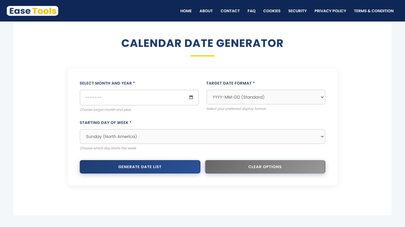 Calendar Date Generator | Ease Tools
