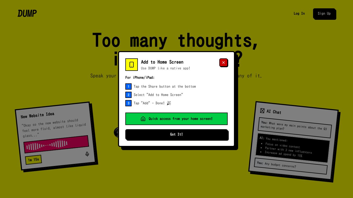 Capture your thoughts, ideas and tasks. Recall them with AI