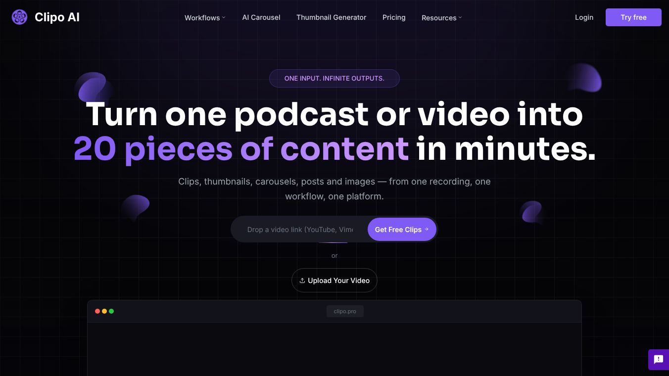 Clipo AI — One Video, 20 Content Pieces