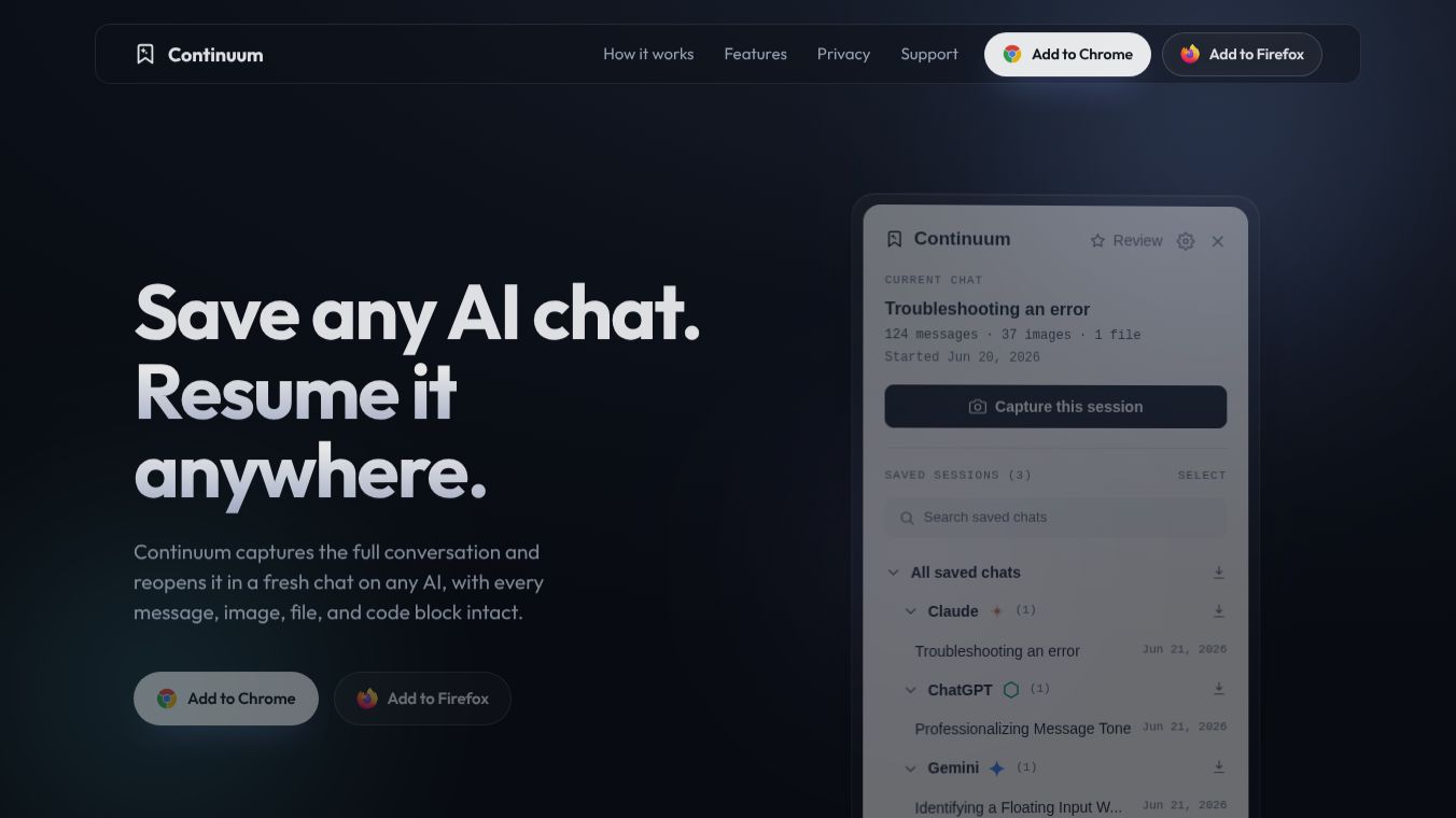 Continuum: Capture & Resume AI Chats