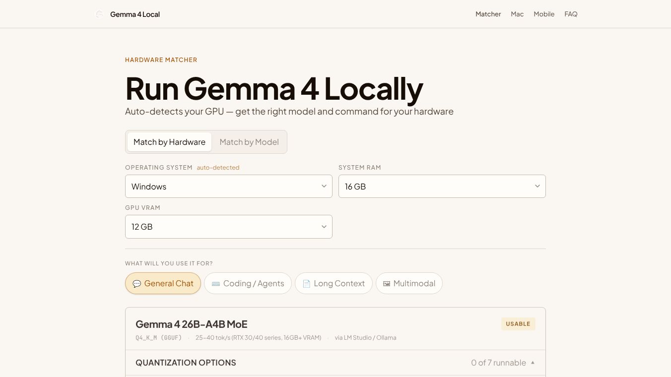 Gemma 4 Local Hardware Matcher