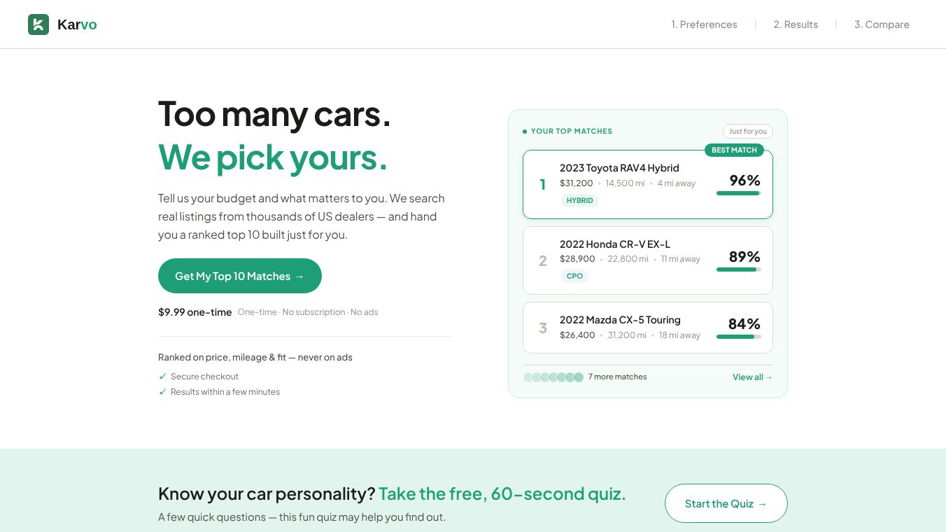 Karvo — Too many cars. We pick yours.