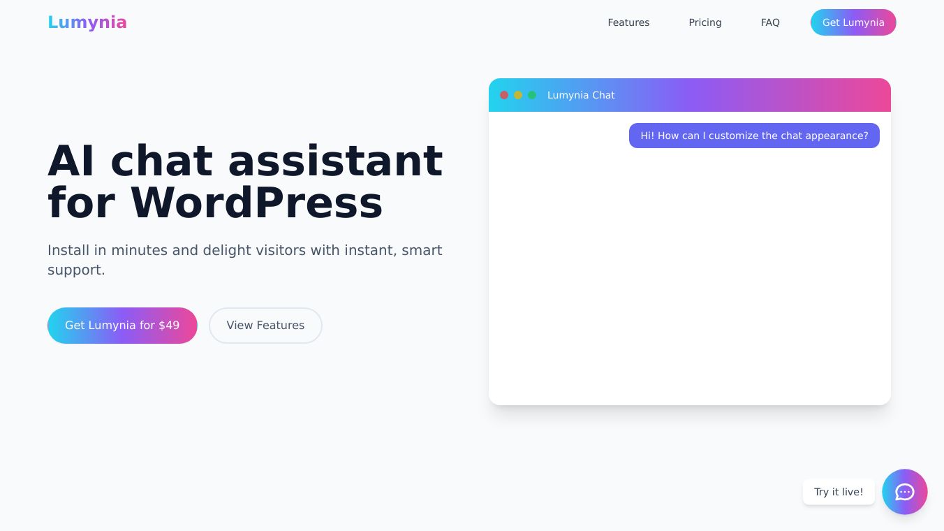 Lumynia – AI Chat Copilot for WordPress