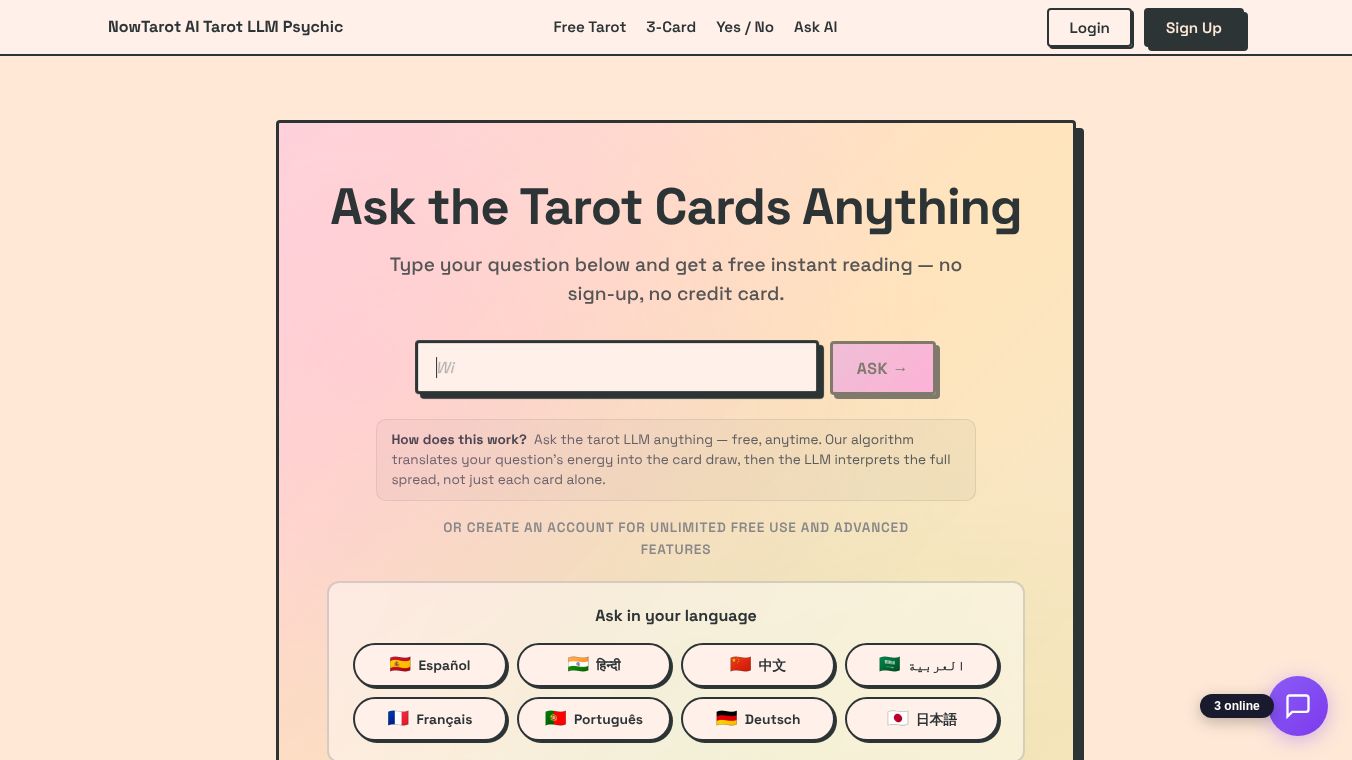 NowTarot: AI Tarot Chat LLM Reader. Free