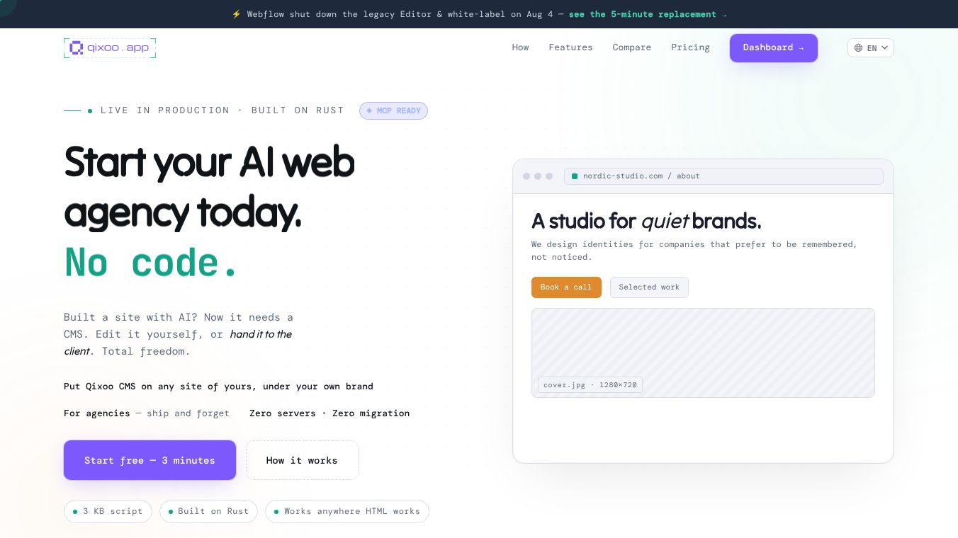 Qixoo Your AI web agency today. No code