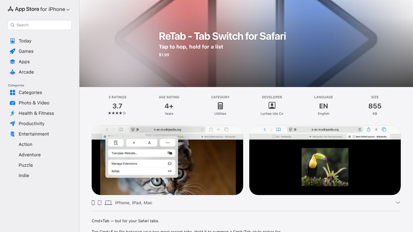 ReTab – Cmd+Tab tab switch for Safari