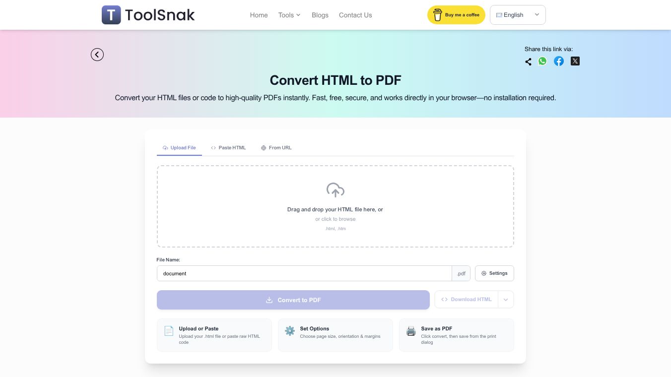 ToolSnak – HTML to PDF Converter