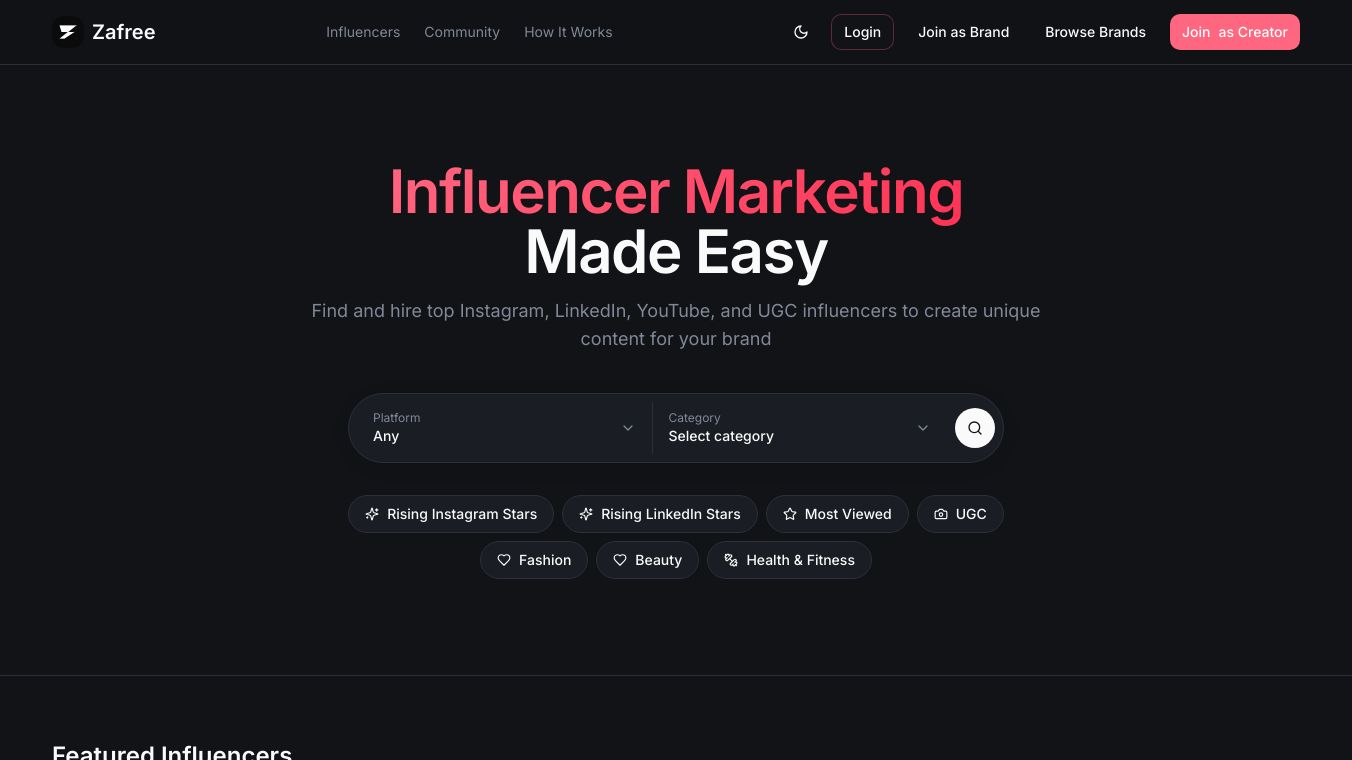 Zafree- Ai influncer marketplace