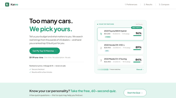 Karvo — Too many cars. We pick yours.
