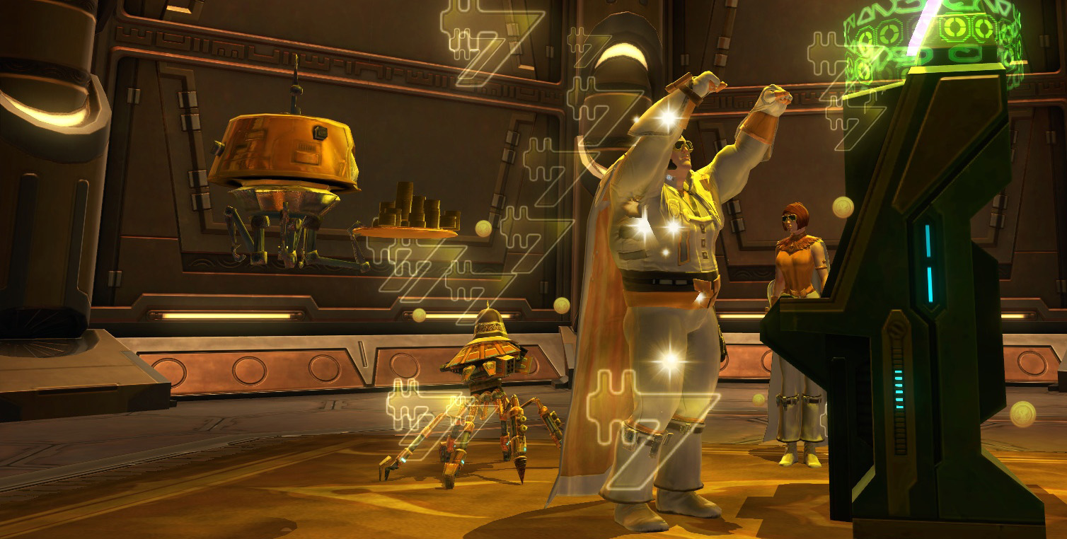 Blowing his space bucks on the slot machines with his golden posse
