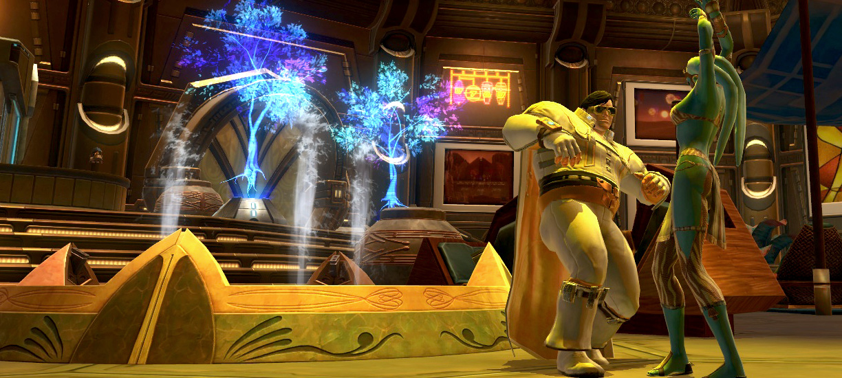 Showing off his dance moves to a foxxy Twi'lek chick
