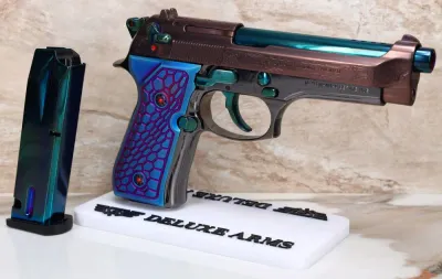 CUSTOM! Beretta 92FS Ported 9mm w/Blue & Bronze PVD Scrollwork Black Chrome