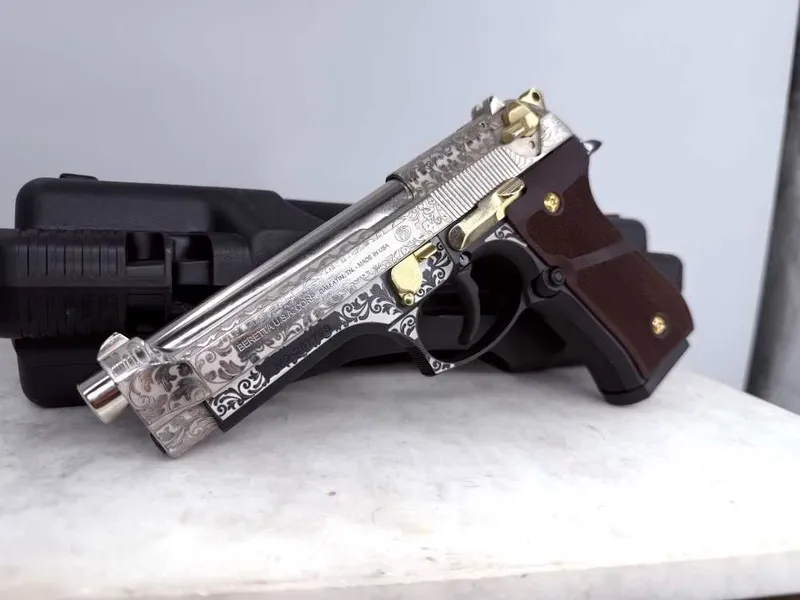 Beretta M9 ENGRAVED Bright Nickel , Black & 24k Gold