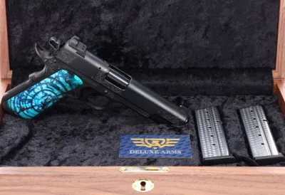NEW! Nighthawk Custom NHC VIP Black 1911 9mm Hand Engraved NHC Blue Mammoth IOS Ready, Mammoth Molar Grips, Ready to Sh…