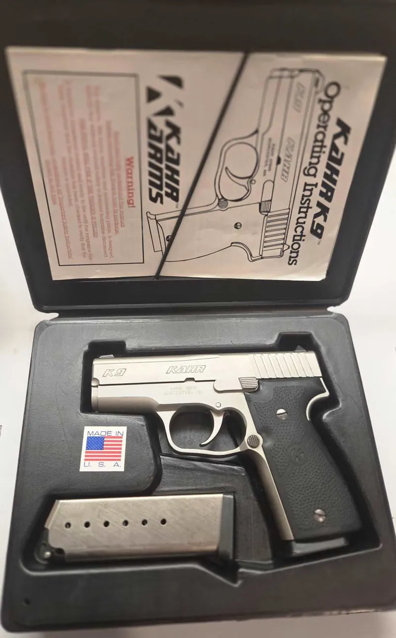 KAHR ARMS MODEL K9, 9MM STAINLESS PISTOL, 2 MAGS, NO RESERVE!